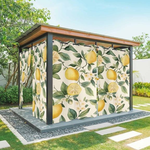 Vintage Lemon Outdoor Curtains for Patio Waterproof, Fruit Leaf Floral Beige Background Country Grommet Curtains for Porch Outside Privacy Drape for Gazebo Garden Pergola, 2 Panels, 54x84in