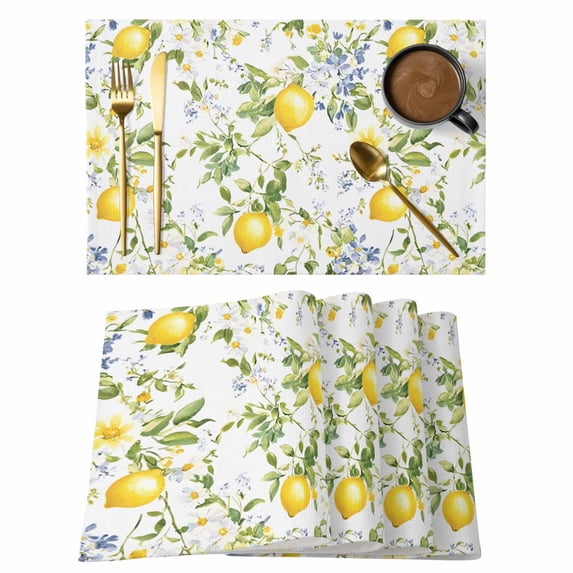 Vintage Lemon Placemats Set of 8, Flowers Leaf Farmhouse Summer Botanical Non-Slip Place Mats Washable Table Mats for Kitchen Dining Table Decorations Indoor/Outdoor