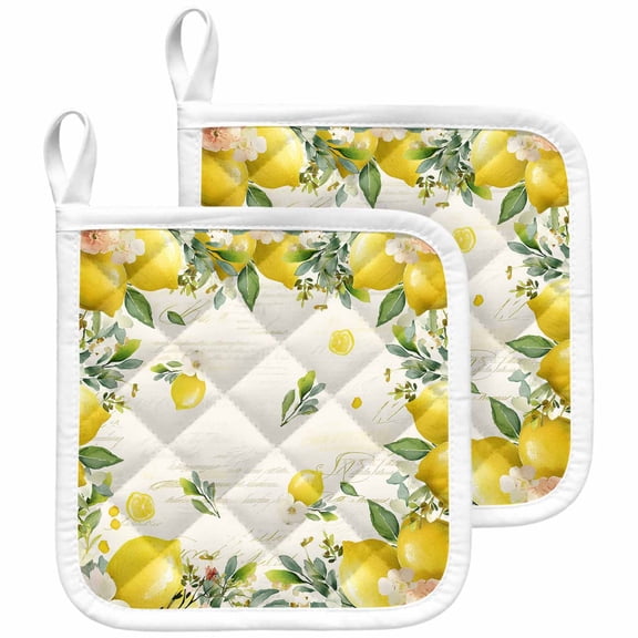 Vintage Lemon Pot Holders for Kitchen Heatproof Potholder, 2 Pack Summer Fruit Rustic Botanical Floral Hot Pads Multipurpose Oven Pads Cloth Potholders Trivet for Cooking and Baking