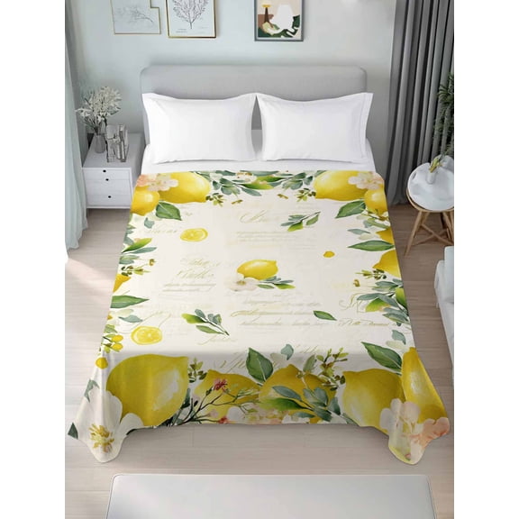 Vintage Lemon Queen Size Flat Sheet, Wrinkleproof & Fadeproof Cooling Flat Bed Sheet Only, Summer Fruit Rustic Botanical Floral Breathable Soft Bedding Top Sheets 90 x 102 Inches