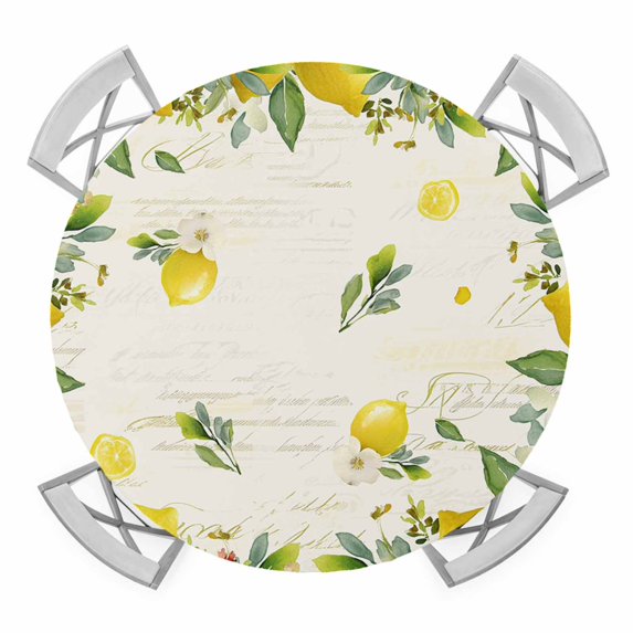 Vintage Lemon Round Tablecloth for 55-60 Inch Tables,Fitted Table Cover with Elastic Edge,Summer Fruit Rustic Botanical Floral Waterproof Outdoor Table Cloth Protector for Patio Garden Dinner Picnic