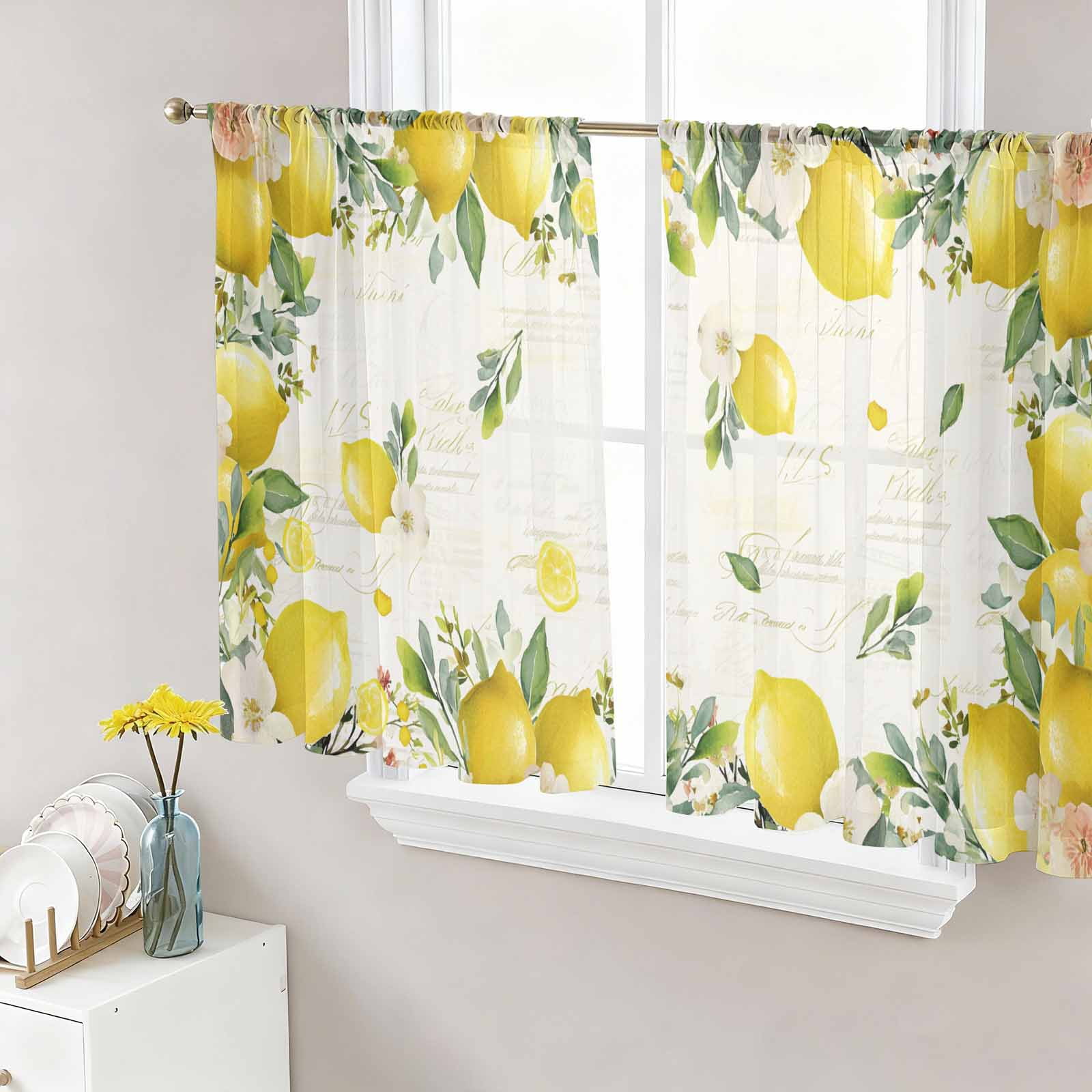 Vintage Lemon Semi Sheer Curtains 45 Inch Length 2 Panels Set, Summer ...