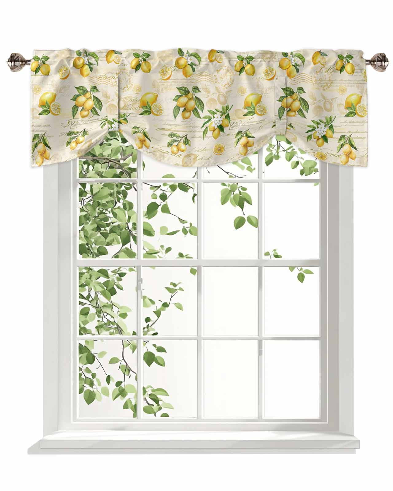 Vintage Lemon Tie Up Valances Curtain, Adjustable Kitchen Leaf Yellow Fruit Letter Background Farmhouse Valances for Windows Decor, Rod Pocket Short Curtains Set for Bedroom/Bathroom, 54"x18"
