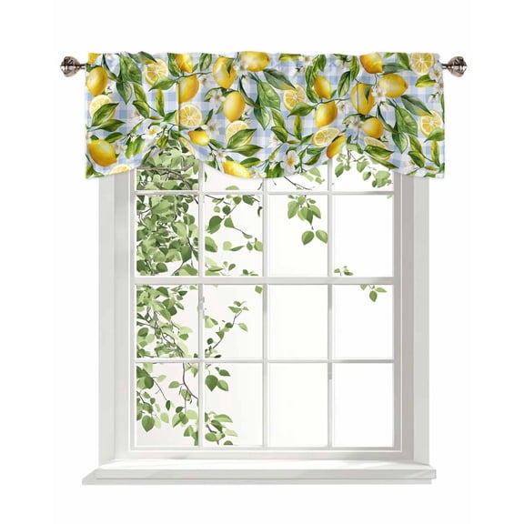 Vintage Lemon Tie Up Valances Curtain, Green Leaf Summer Blue Plaid Country Kitchen Valances for Windows Decor, Rod Pocket Short Curtains Set for Bedroom/Bathroom, 42"x18"
