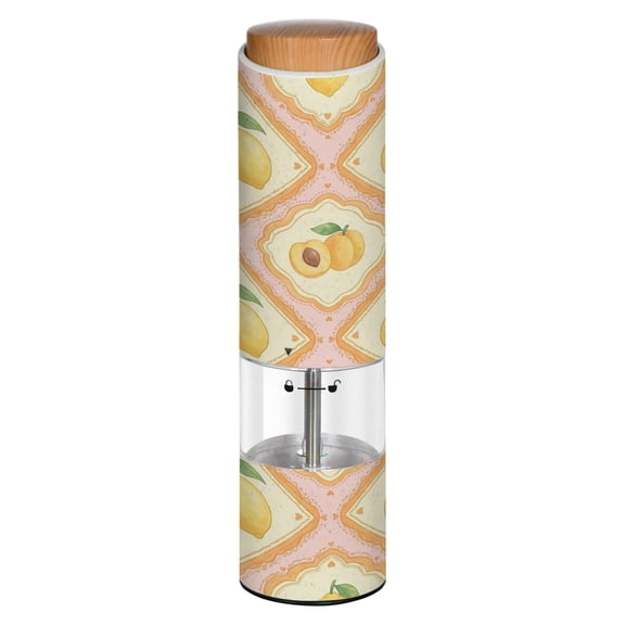 Vintage Lemon Yellow Peach Pattern Printed Electric Pepper Mill One-Touch Battery Operated Salt Grinder Adjustable Coarseness Decorative Counter Spice Tool