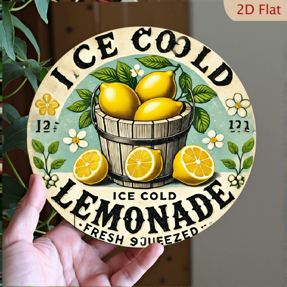 Vintage Lemonade Round Metal Wall Sign 8x8 Inch Retro Fresh Squeezed Lemon Wall Decor for Kitchen Dining Room Coffee Bar Aluminum Decorative Plaque