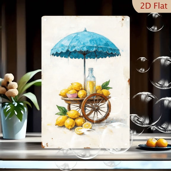Vintage Lemonade Stand Wall Art 8x12 Inches Metal Tin Sign, Rustic Wooden Cart with Yellow Lemons and Blue Umbrella, Nostalgic Summer Kitchen Decor for Home Cafe