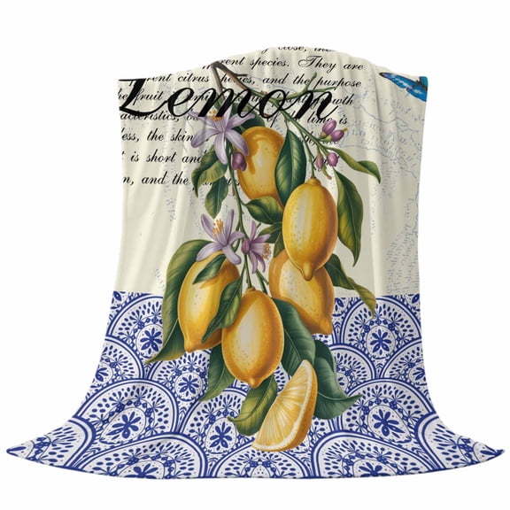 Vintage Lemons Throw Flannel Blanket Fruit Leaves Art Beige Blue Geometric Pattern Super Soft Cozy Bed Blanket, Lightweight Plush Fuzzy Bed Throw for Bedroom Sofa Couch Living Room 40x50In,