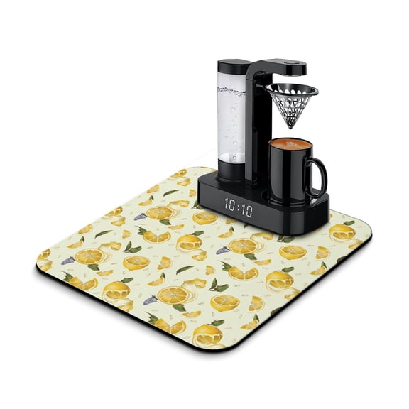 Vintage Lemons and Flowers Coffee Station Mat Absorbent Rubber Backed Drying Mat for Kitchen Counter Cute Bright Yellow Print