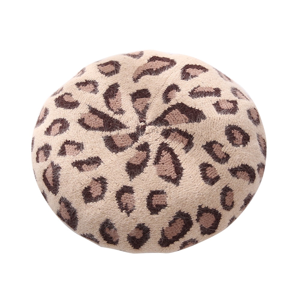 Vintage Leopard Berets Rabbit Hair Hat Women Casual Beanie for Autumn