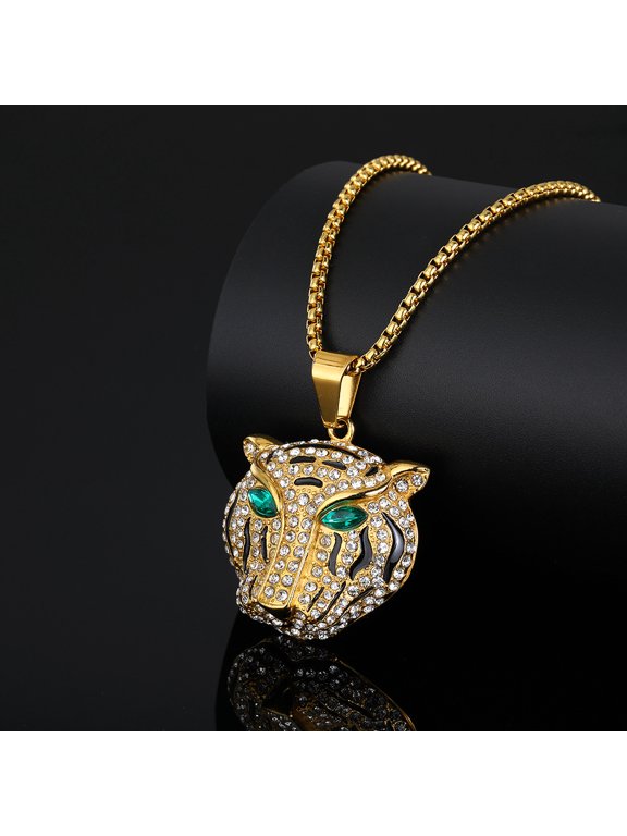 Vintage Leopard Head 14K Gold Filled Pendant Necklace for Men, Gothic Hip Hop Classic Animal Party Fashion Jewelry