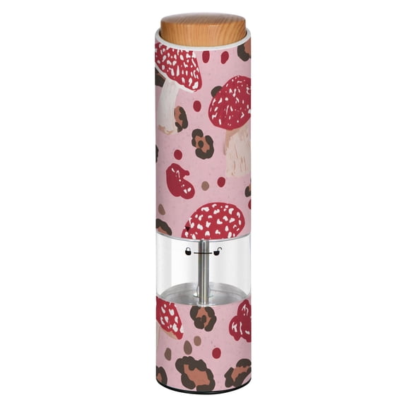 Vintage Leopard Mushroom Pattern Printed Electric Pepper Mill One-Touch Battery Operated Salt Grinder Adjustable Coarseness Decorative Counter Spice Tool