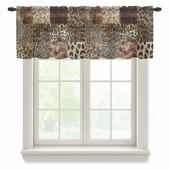 Vintage Leopard Print Semi Sheer Valance Curtains Animal Print Patchwork Style Art Painting Voile Valances Curtain Rod Pocket Small Window Treatment for Kitchen Bathroom Cafe 42"x18"