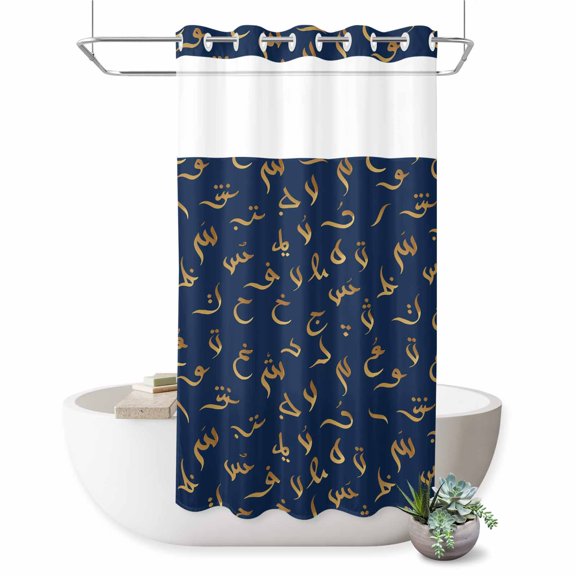 Vintage Letter No Hook Shower Curtain Blue Navy Background Arabic Text Abstract Shower Curtain with See Through Top Window, Waterproof Washable Fabric Curtain for Bathroom Hotel Decor, 36Wx72L