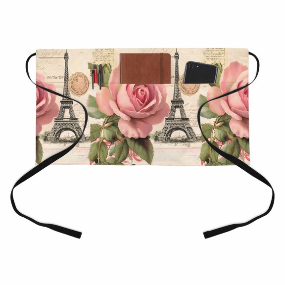 Vintage Letter Paper Texture Kitchen Restaurant Half Waist Apron, Server Short Apron with 3 Pockets Waterproof Oil Waist Aprons for Women Waitress Waiter