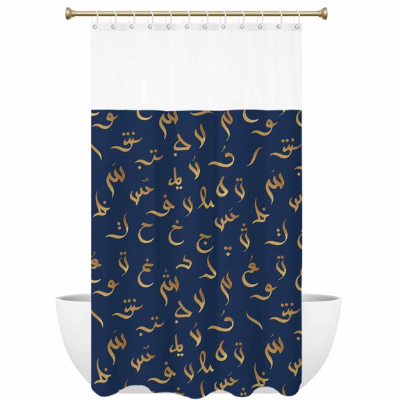Vintage Letter Shower Curtain with See Through Top Window Blue Navy Background Arabic Text Abstract Waterproof Fabric Shower Curtains for Bathroom with 12 Hooks Hotel & Spa Decor 36x72 inches