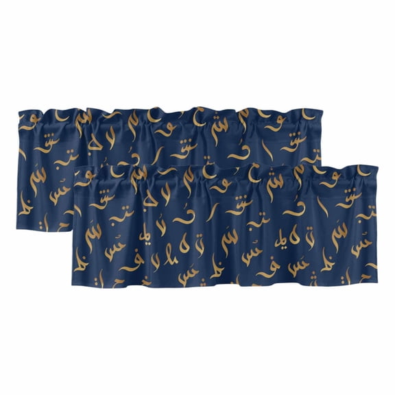 Vintage Letter Valances for Window 2 Pack, Blue Navy Background Arabic Text Abstract Rod Pocket Curtains Valances Light Filtering Short Curtains for Kitchen Bedroom Bathroom 42 x 12 Inch