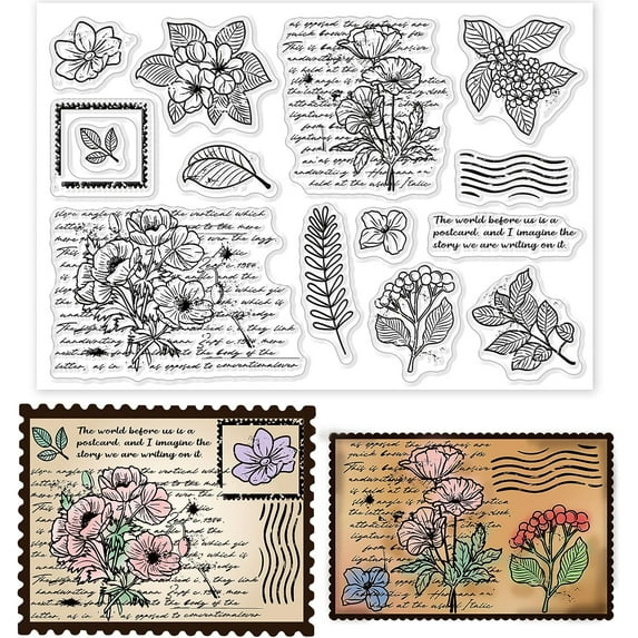Vintage Letters Flower Leaves Clear Stamps Retro Flowers Leaves Backdrop Transparent Silicone Stamps for DIY Scrapbooking Supplies Embossing Paper Card Album Decoration Craft