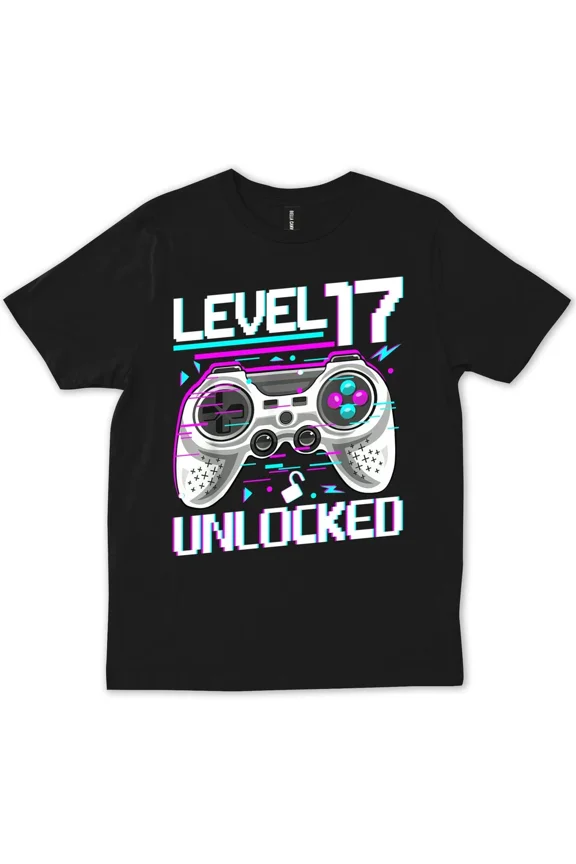 Vintage Level 17 Unlocked 17 Year Old Boy Gamer Birthday Gift Idea Unisex T-Shirt, up to Size 5XL