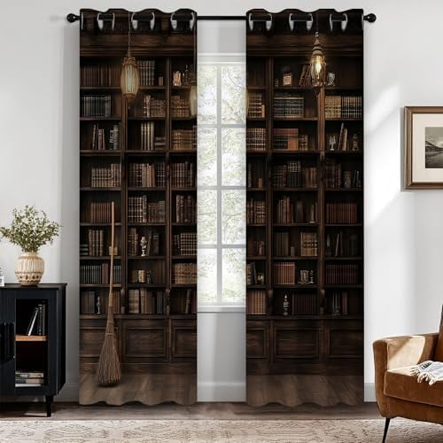 Vintage Library Blackout Curtains, Bookshelf Study Room Window Drapes, Thermal Insulated Room Darkening Curtains with Grommets, 52 x 84 Inch, 2 Panels$$Home Decor, Kitchen, & Other