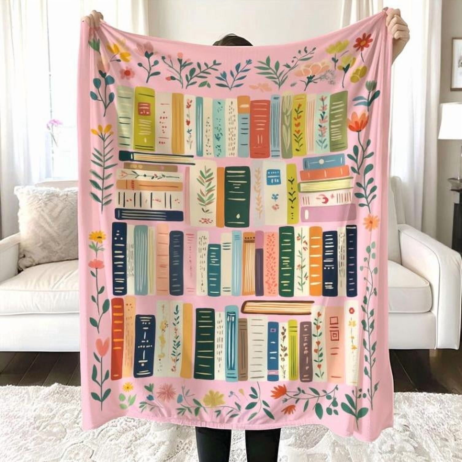 Vintage Library Blanket, Boho Wildflowers Bookish Quilt, Cottagecore Flower Book Gift, Retro Book Lover Gift For Reader Librarian Teacher, Man Women Gift