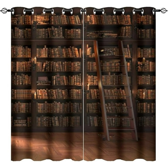 Vintage Library Book Blackout Curtains For Home Decor, Vintage Library Bookshelf Ladder Printed Grommet Thermal Drapes Darkening Window Curtain For Living Room Bedroom 26"W x 54"L (Pack of 2)
