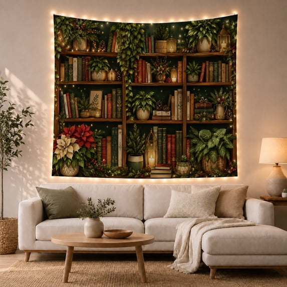 Plant and Bookshelf Illustration Polyester Tapestry