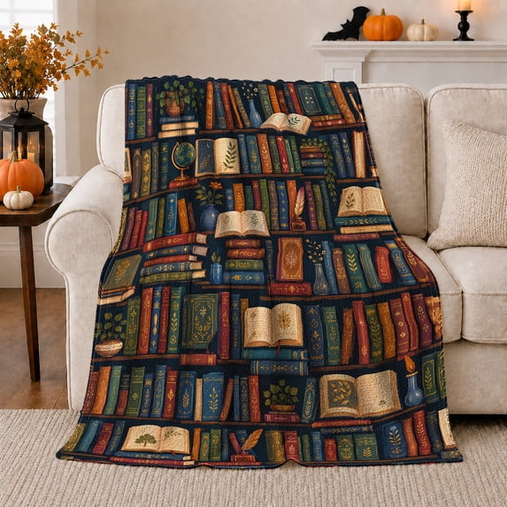 Vintage Library Bookshelf Scene Decorative Items Book Lover, Cozy Friendship Quote Scene, Warm Flannel Blanket for Living Room and Reading Nook, Art Lovers Friendship Gift, Artistic Home Decor