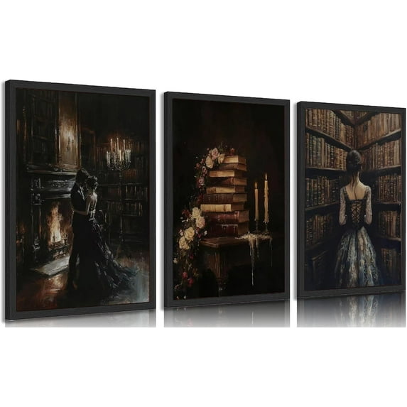 Vintage Library Canvas Wall Art Gothic Dark Academia Aesthetic Posters Prints Paintings Victorian Antique Book Wall Decor Pictures for Living Room Bedroom Reading Room Home（Only canvas）