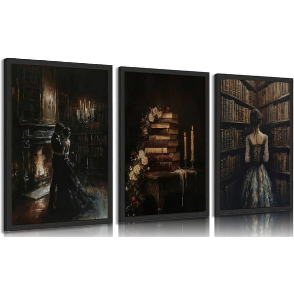 Vintage Library Canvas Wall Art Gothic Dark Academia Aesthetic Posters Prints Paintings Victorian Antique Book Wall Decor Pictures for Living Room Bedroom Reading Room Home(Only canvas)