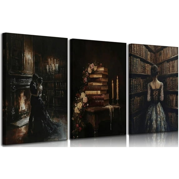 Vintage Library Canvas Wall Art Gothic Dark Academia Aesthetic Posters Prints Paintings Victorian Antique Book Wall Decor Pictures for Living Room Bedroom Reading Room Home（Only canvas）