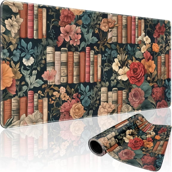 Vintage Library Floral Large Gaming Mouse Pad 31.5"x15.7"|Books and Roses XXL Desk Mat, Non-Slip Rubber Base & Stitched Edges - Extended Waterproof Mousepad for PC/Laptop/Office/Home Decor