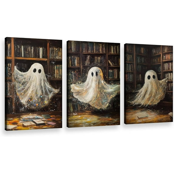 Vintage Library Ghost Canvas Poster Prints Prints Disco Ghost Wall Art Decor Disco Halloween Ghost Painting Preppy Funny Halloween Pictures for Bedroom Home Decor(Framed canvas)