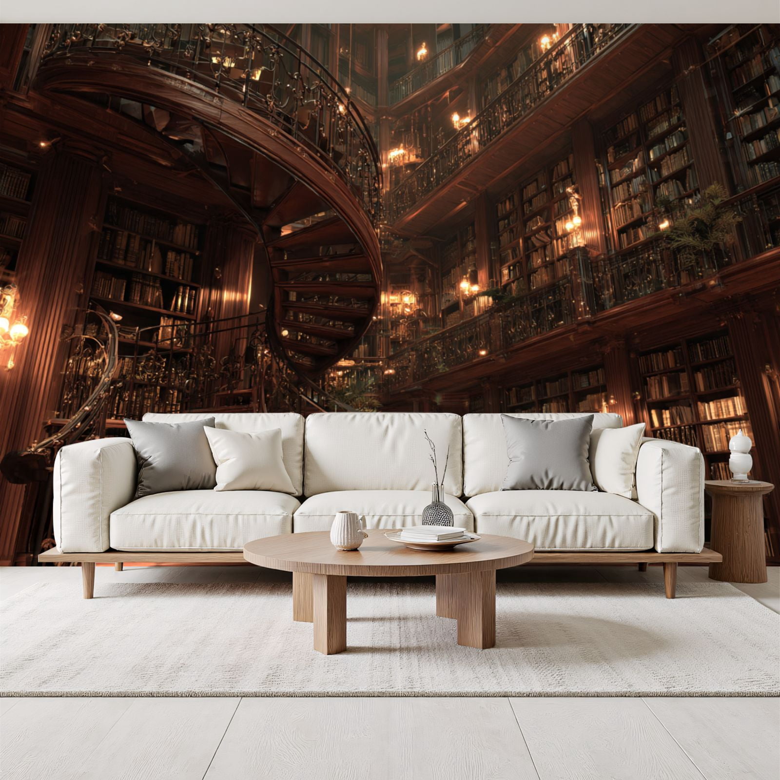 Library Sign Retro Vintage Library Interior Wallpaper Spiral Staircase Dark Wood Shelves ...