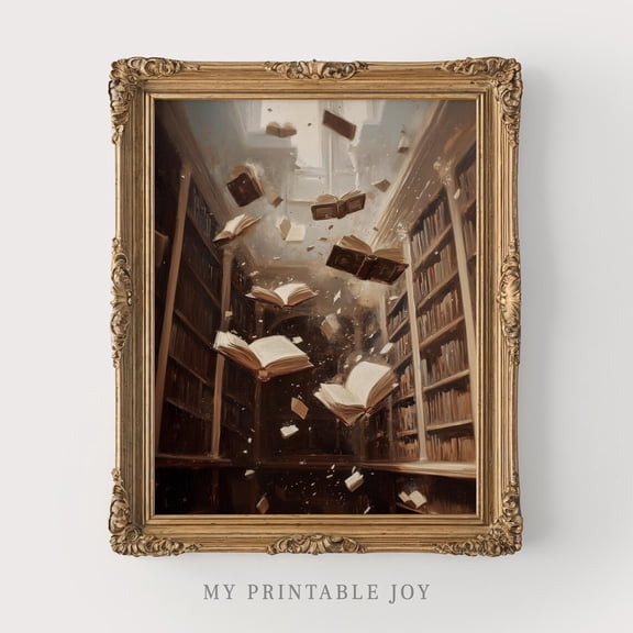 Vintage Library Magic, Bookish Poster Wall Art, Floating Books, Whimsical Decor, Dark Academia, Victorian Style 307, Size 8x12 UNFFRAMED F03.1.7l1376