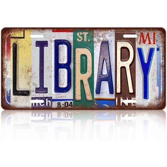 Vintage Library Metal Tin Sign License Plate Wall Decor 12 x 6 Inches