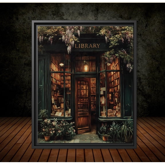 Vintage Library , Old Storefront, Book Lover Wall Art, Librarian Book Nerd Illustration, Dark Academia Reading Nook Decor Unframed Paper Print