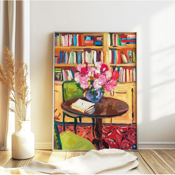 Vintage Library Poster, Book Art, Reading Poster, Book Lovers Gift, Reading Gift, Antique Wall Art, Floral Wall Art, Library Art, Flowers Wall Art, Modern Wall Decor, 24x36 UNFRAMED