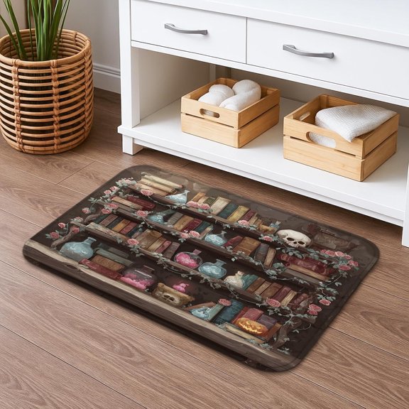 Vintage Library Quick Dry Bath Mat, Artistic Bookshelf Pattern, Absorbent Non Slip Flannel Shower Rug, Washable Bathroom Decor, 16 x 24 Inch