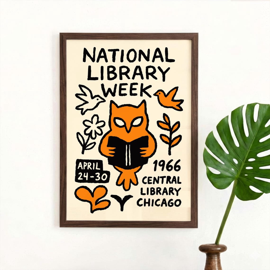 Library Sign Retro Vintage Library Reading Owl 1966 Wall Art Print, Bookish Study Decor ...