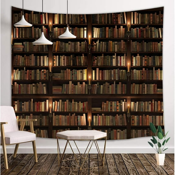 Vintage Library Tapestry, Old Books on Shelf Student Study Decor, Wall Tapestries Hanging Home for Bedroom Living Room Dorm TV Backdrop, Beach Blanket, 80X60IN