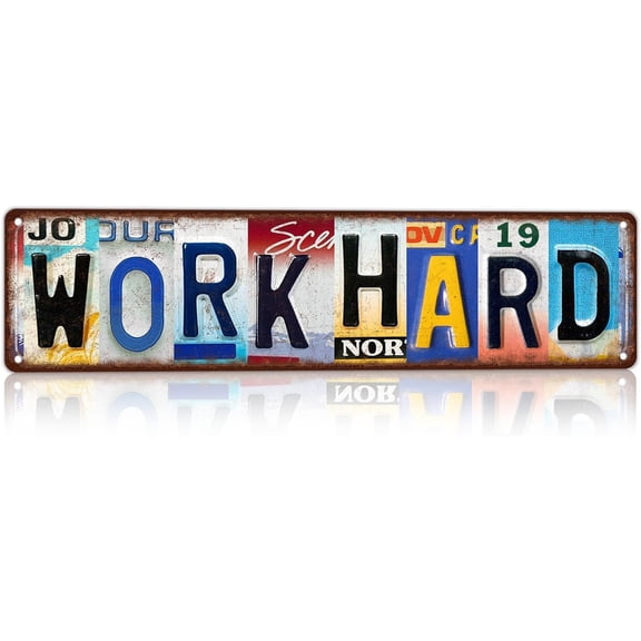 Vintage License Plate Metal Sign Work Hard Motivational Wall Decor for Office or Gym 16x4 Inch
