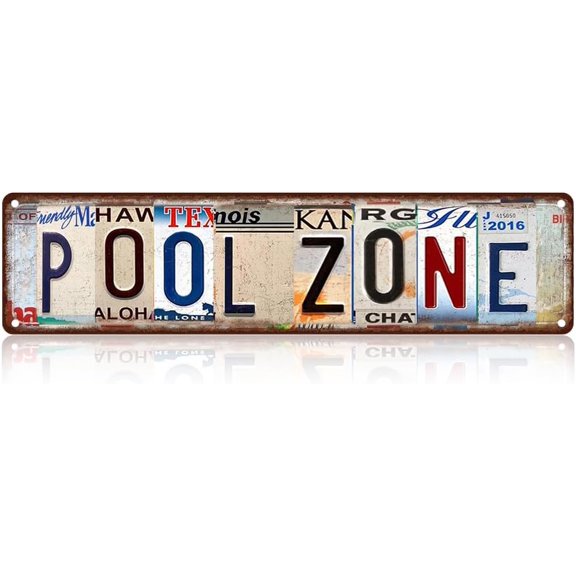 Vintage License Plate POOL ZONE Sign 16x4 Inch Rustic Tin Wall Décor for Backyard Pool, Patio, Hot Tub, Cabana or Outdoor Swimming Area