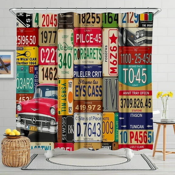 Vintage License Plate Shower Curtain with Classic Red Car - Retro Road Trip Decor