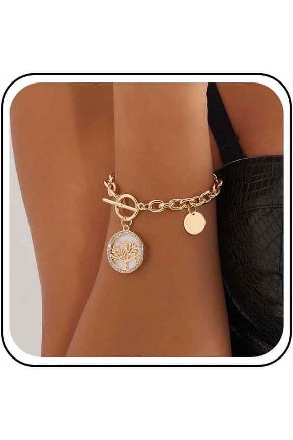 Vintage Life Tree Coin Bracelet Gold Chunky Link Chain Bracelet Sparkly Crystal CZ Coin Pendant Toggle Clasp Bracelets Round Disc Dangle Hand Chain Jewelry for Women