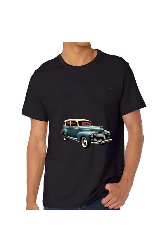 Vintage Light Blue Classic Car Graphic Cotton Short Sleeve T-Shirt for Men - Retro Design with Cream Roof and Round Headlights