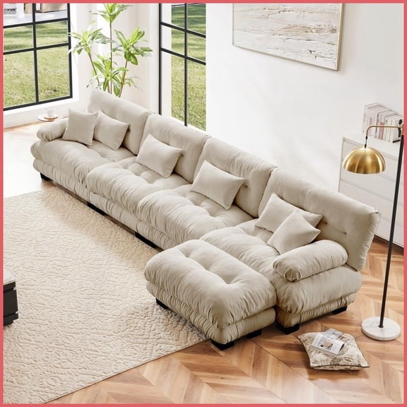 Vintage Light Coffee Chenille Modular Sectional Sofa, 4-Seater L-Shaped Cloud Couch with Convertible Ottoman for Living Room