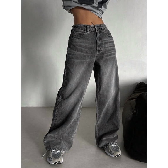 Vintage Light Gray Washed Wide Leg Jeans Women High Waist Loose Fit Extra Long Trousers Fall Winter Fashion Casual Streetwear Style Straight Leg Jeans For Women