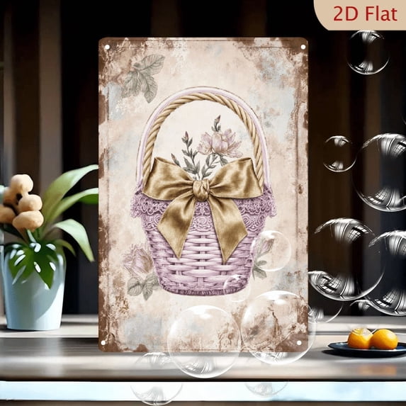 Vintage Light Purple Wicker Basket with Gold Bow and Pink Flowers, Shabby Chic 8x12 Inch Metal Wall Art Print, Romantic Cottage Core Decor