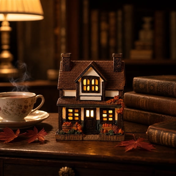 Vintage Light-Up Pumpkins Cottage, Autumn Village House, Hand-Painted Resin Collectible Fall Decor with Glow